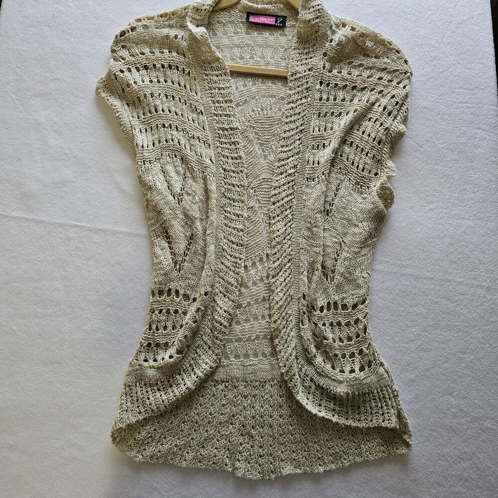 Crochet Open Knit Cardigan (M)??  Beige Boho Hippie Beach Summer Sheer Peasant